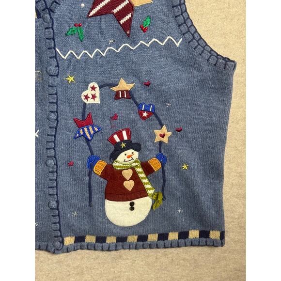 Christmas Sweater Vest America USA Snowman Santa Star Angel Blue Sz 3X Granny - Picture 2 of 8